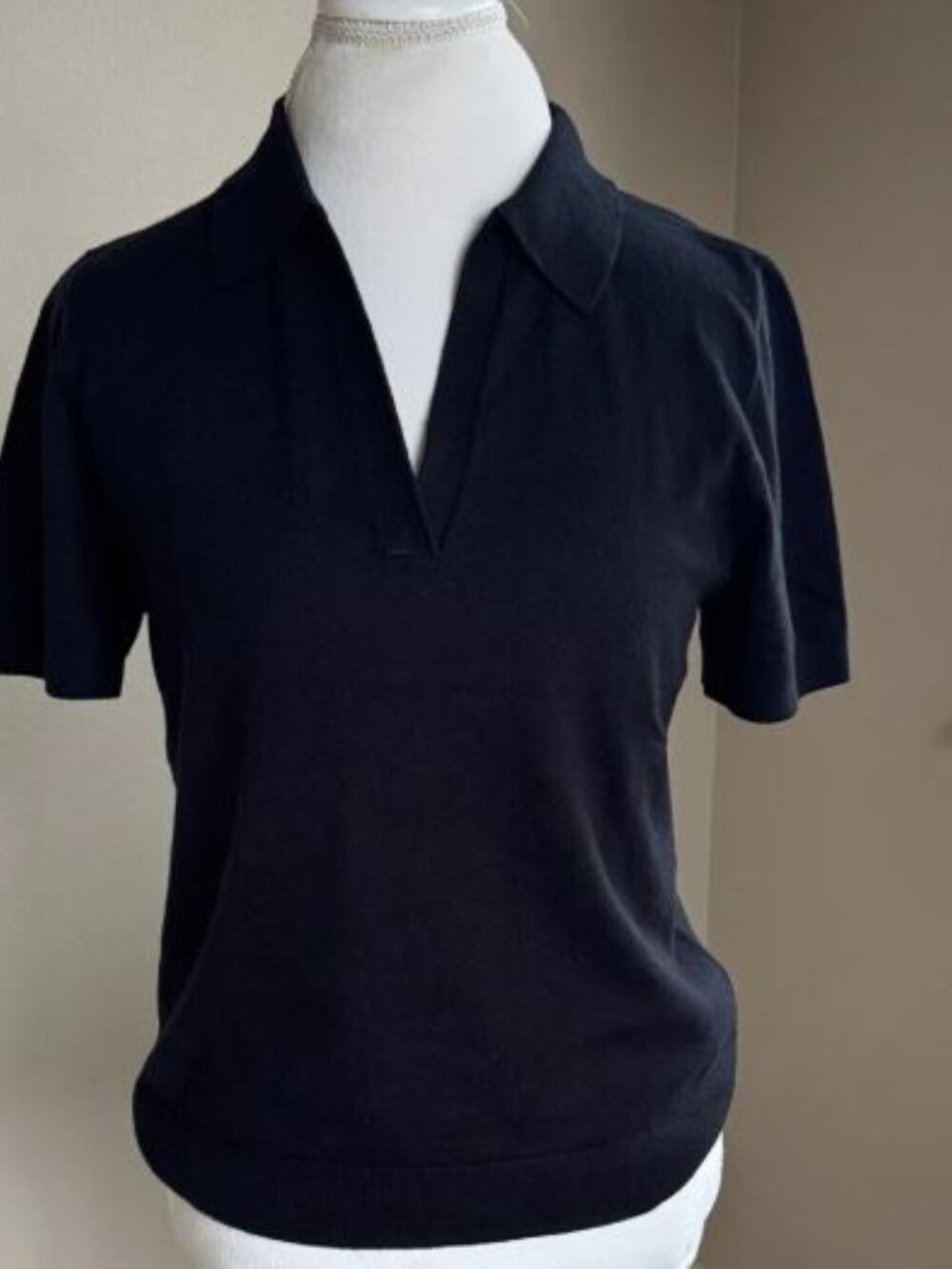 JCrew V-Neck Polo Merino Wool Short Sleeve Navy Blue Size S - Picture 2 of 2